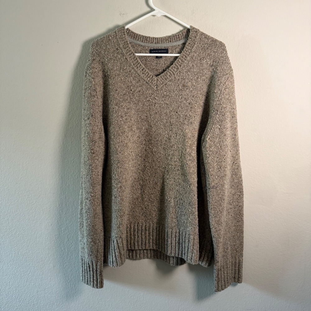 Banana Republic Mens XL Lambswool Blend V-Neck Donegal Fleck Sweater Taupe Brown